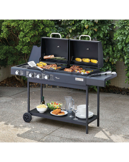 Fervor GAS & Charcoal Dual Fuel Hybrid BBQ + Extra Side Burner, Thermometer, NEW